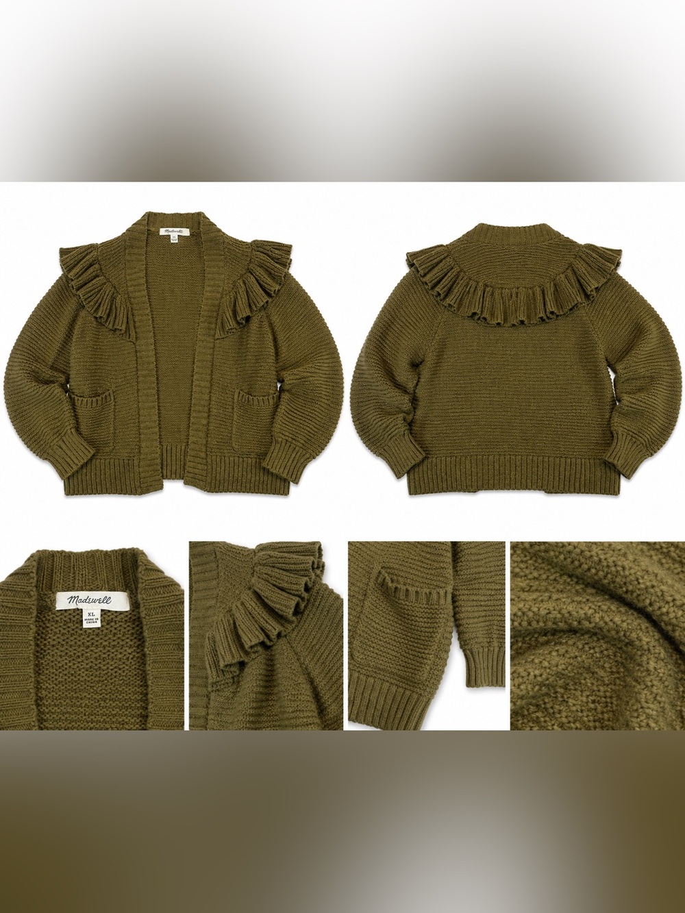 Madewell Olive Green Ruffle Open Front Cardigan Sweater XL